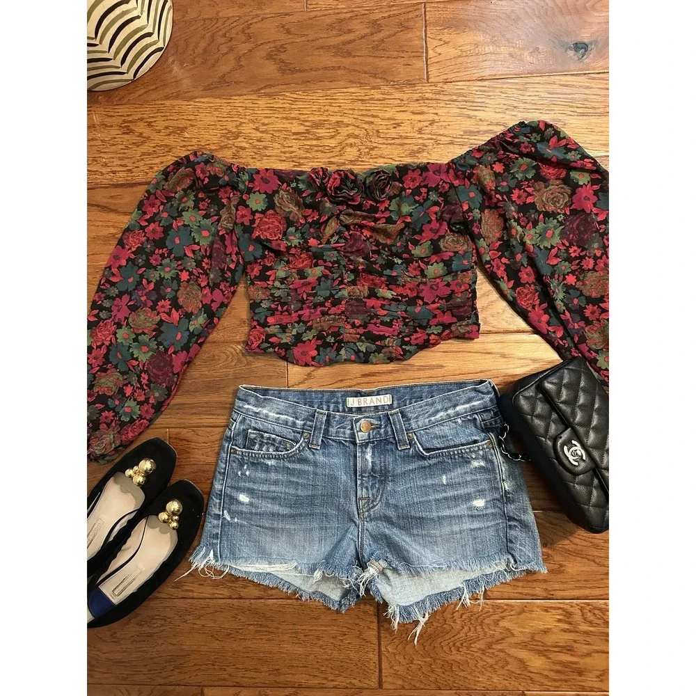 Free People Floral Off Shoulder Crop Top S 3D Rosette Ruched Long Sleeve